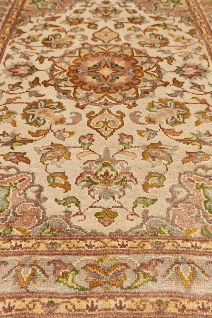 Ivory and Coral Medallion Tabriz, Hand-Knotted Wool and Silk Rug