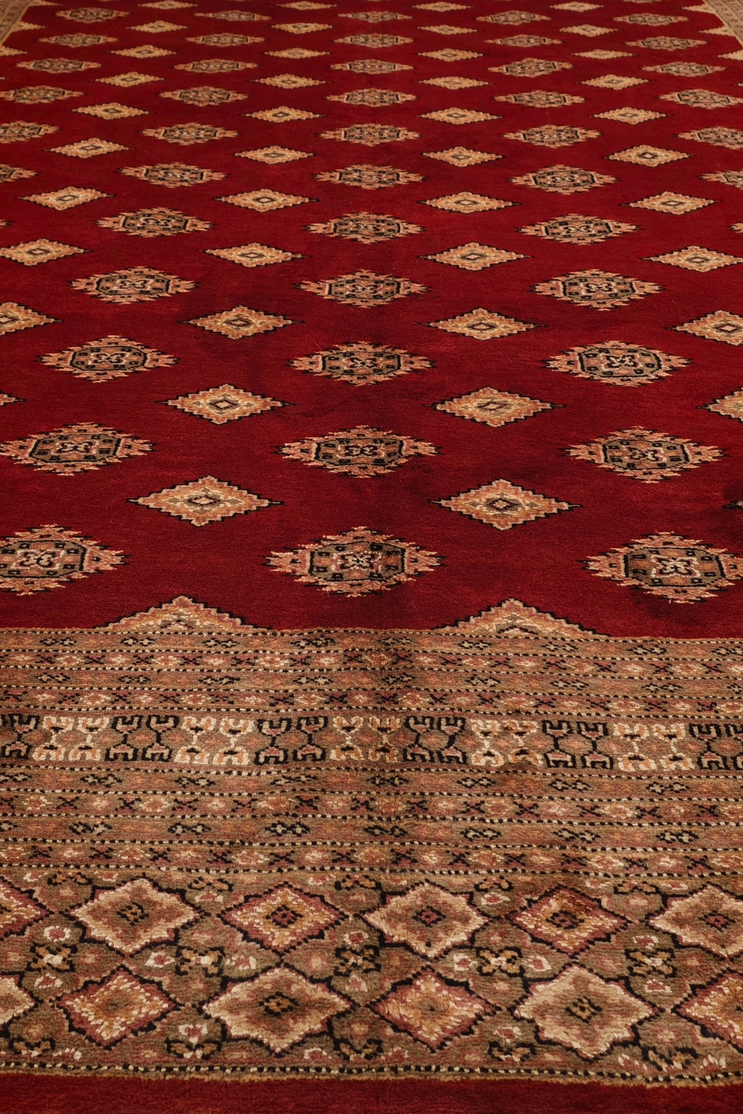 Oxblood and Tan Jaldar Alternating Diamond, Hand-Knotted Wool and Silk Rug