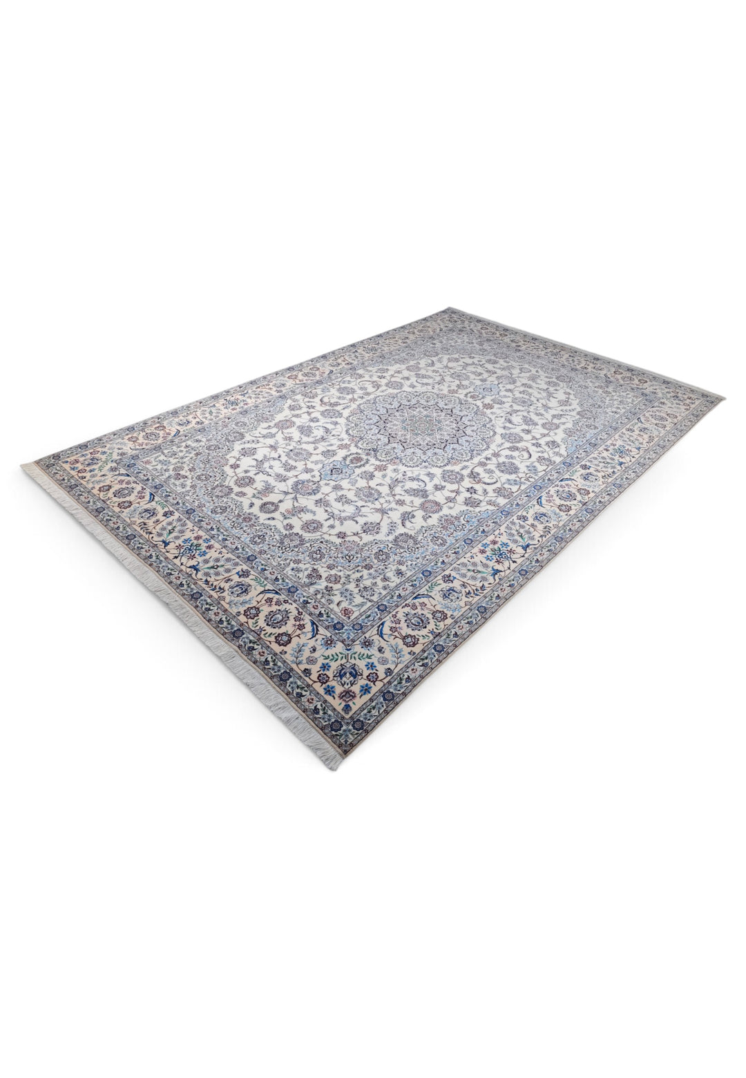 Ivory and Blue Bird Border Medallion Nain, Hand-Knotted Wool Rug