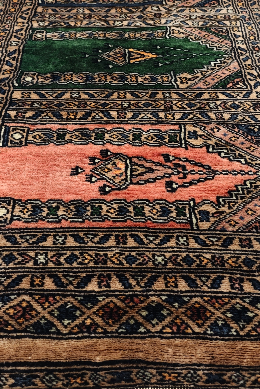 Camel and Salmon Saf Prayer Design, Hand-Knotted Wool Rug