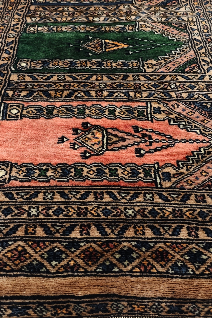Camel and Salmon Saf Prayer Design, Hand-Knotted Wool Rug