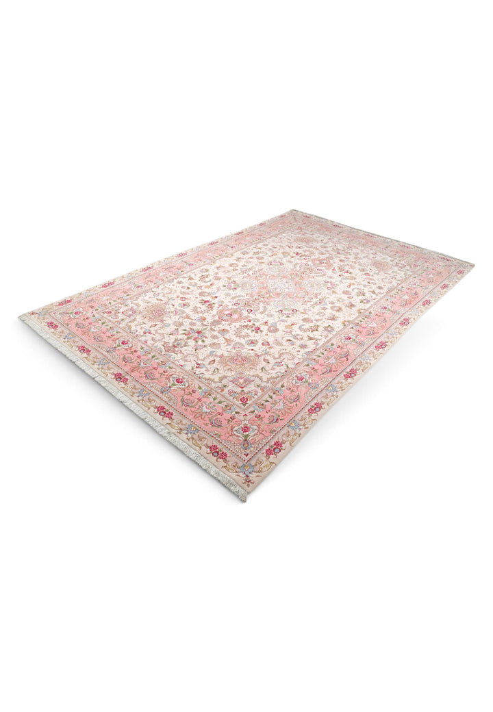 Cream and Rose Pink Medallion Tabriz, Hand-Knotted Wool Rug