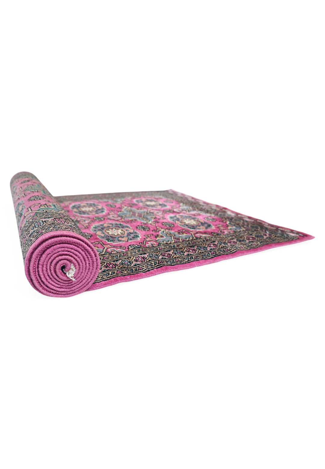 Magenta and Teal Jaldar Rosette Gül, Hand-Knotted Wool and Silk Rug