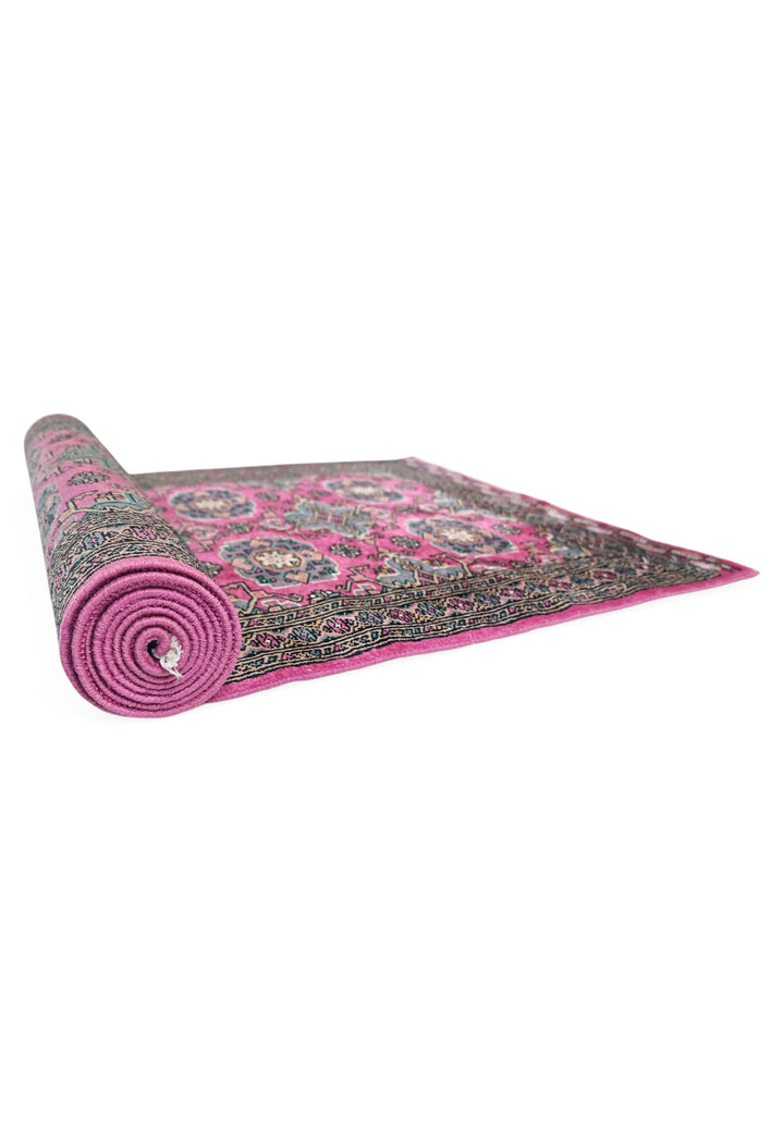 Magenta and Teal Jaldar Rosette Gül, Hand-Knotted Wool and Silk Rug