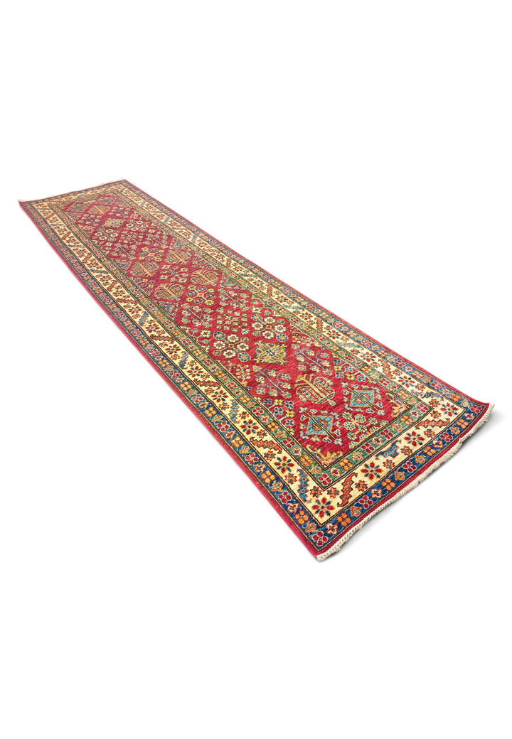 Red and Ivory All-Over Floral Kazak, Hand-Knotted Wool Rug