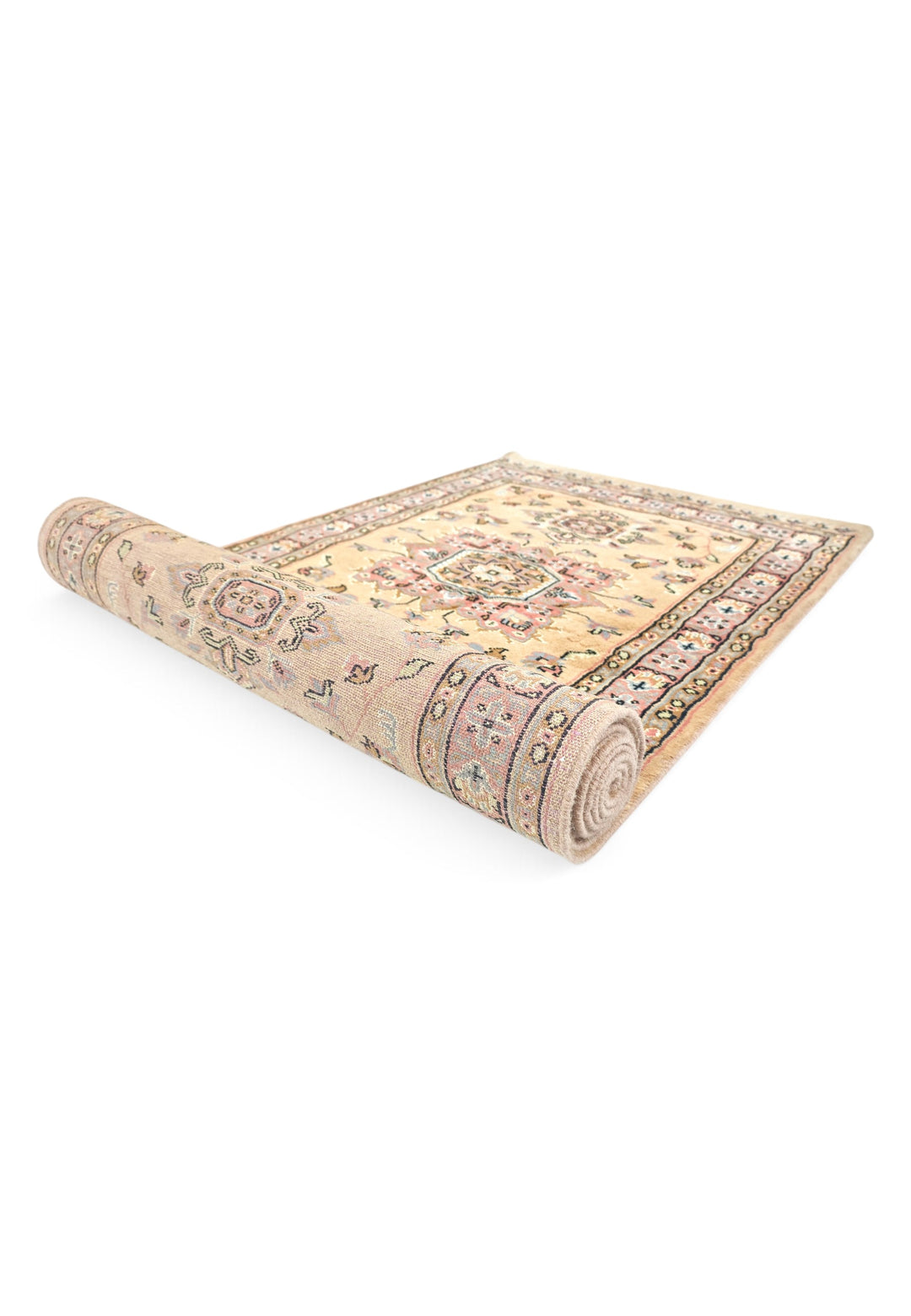 Golden and Rose Jaldar Medallion, Hand-Knotted Wool and Silk Rug