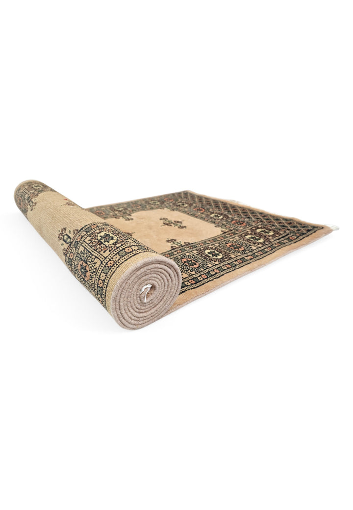 Camel and Espresso Open Field Bokhara, Hand-Knotted Wool Rug