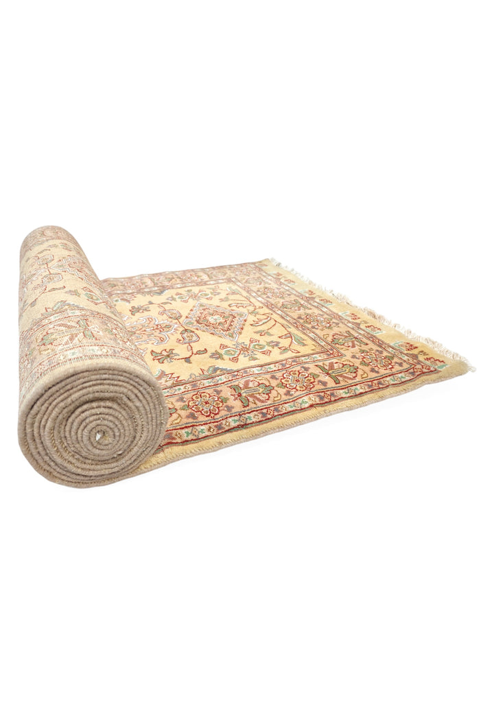 Wheat Gold and Rose Jaldar Alternating Medallion, Hand-Knotted Wool and Silk Rug