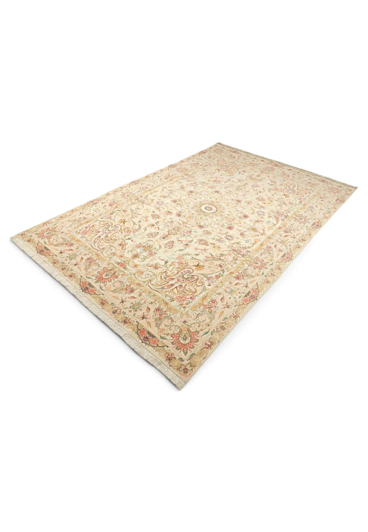Cream and Gold Radiating Medallion Tabriz, Hand-Knotted Wool Rug