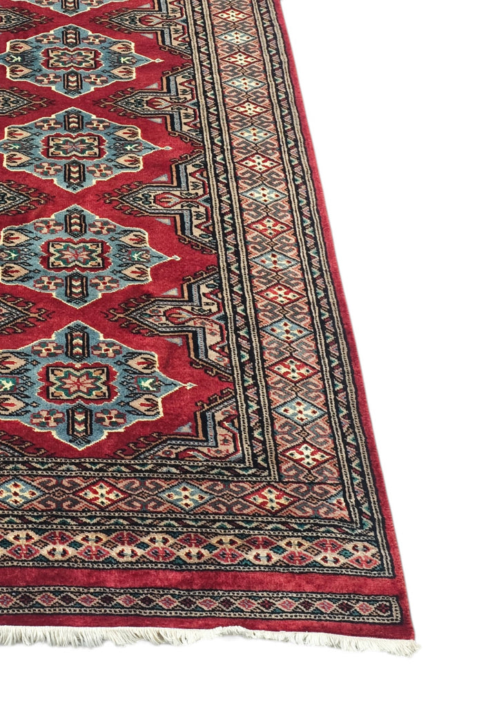 Crimson and Sea Green Jaldar Lozenge, Hand-Knotted Wool Rug