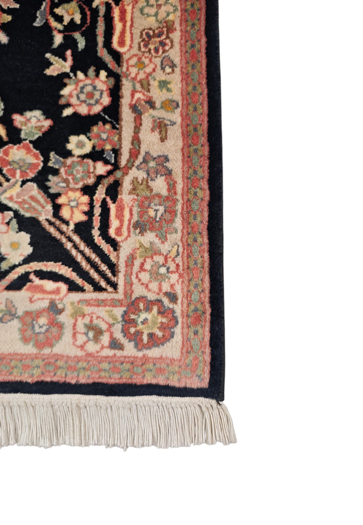 Black and Cream Kashan Floral Medallion, Hand-Knotted Wool Rug