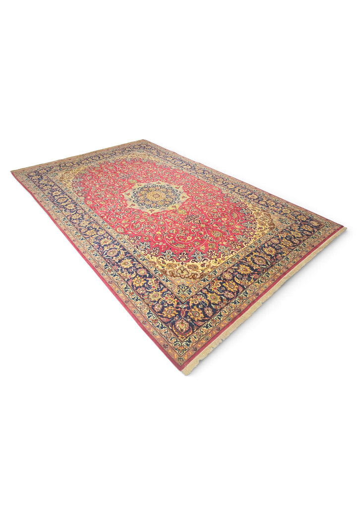 Crimson and Gold Medallion Sirafian Isfahan, Hand-Knotted Wool Rug