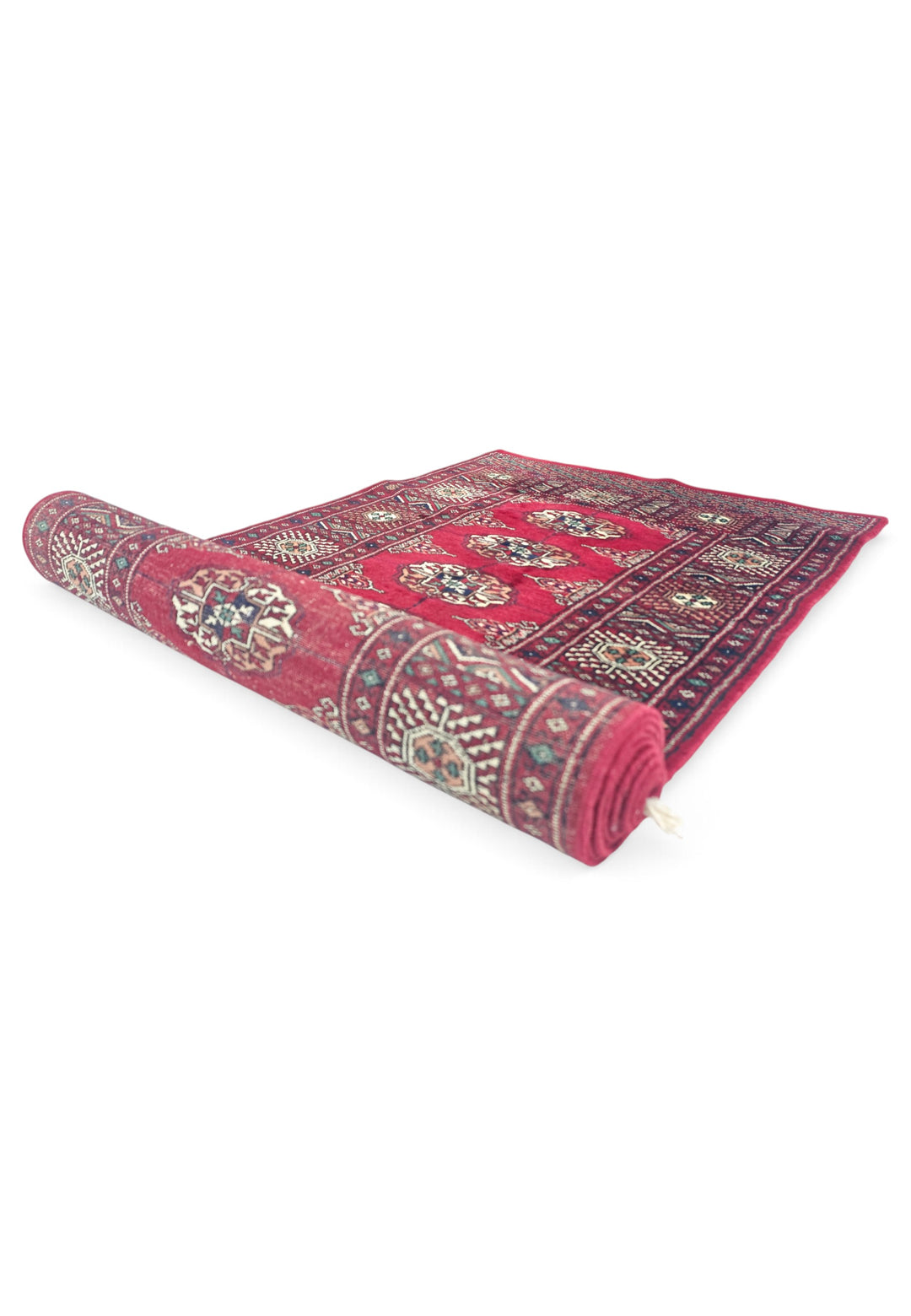 Wine Red and Cream Single Column Gül Bokhara, Hand-Knotted Wool Rug
