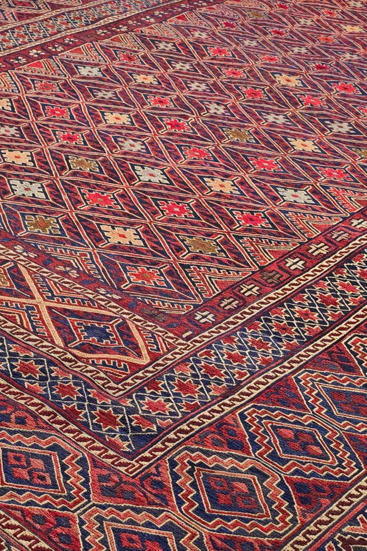Red and Ivory Diamond Lattice Kilim, Hand-Woven Wool