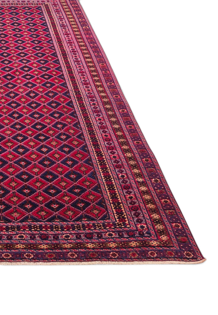 Crimson and Navy Diamond Lattice Kilim, Hand-Woven Wool