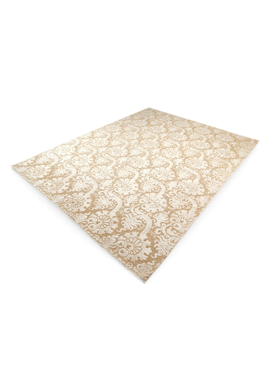 Ivory and Camel Damask Ghazni, Hand-Knotted Wool and Silk Rug