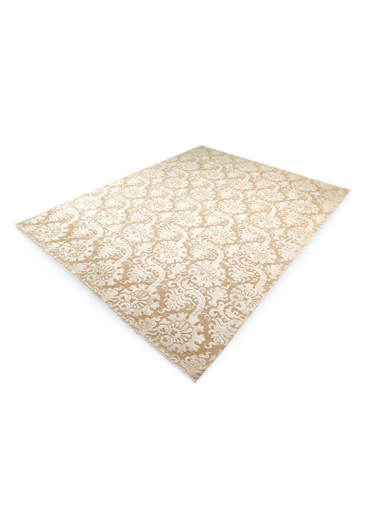 Ivory and Camel Damask Ghazni, Hand-Knotted Wool and Silk Rug