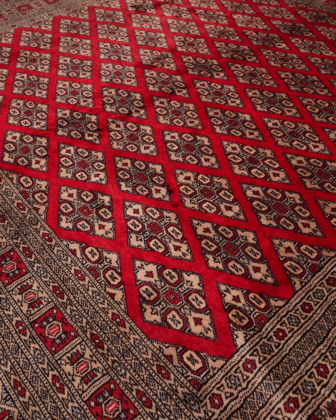 Red Diamond Pakistani Jaldar, Hand-Knotted Wool Rug