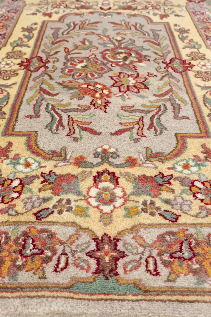 Gold and Grey French Floral Panel, Hand-Knotted Wool Rug