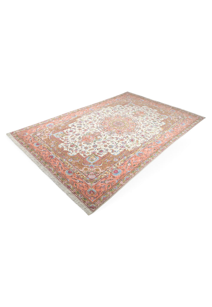 Ivory and Coral Radiating Medallion Tabriz, Hand-Knotted Wool Rug