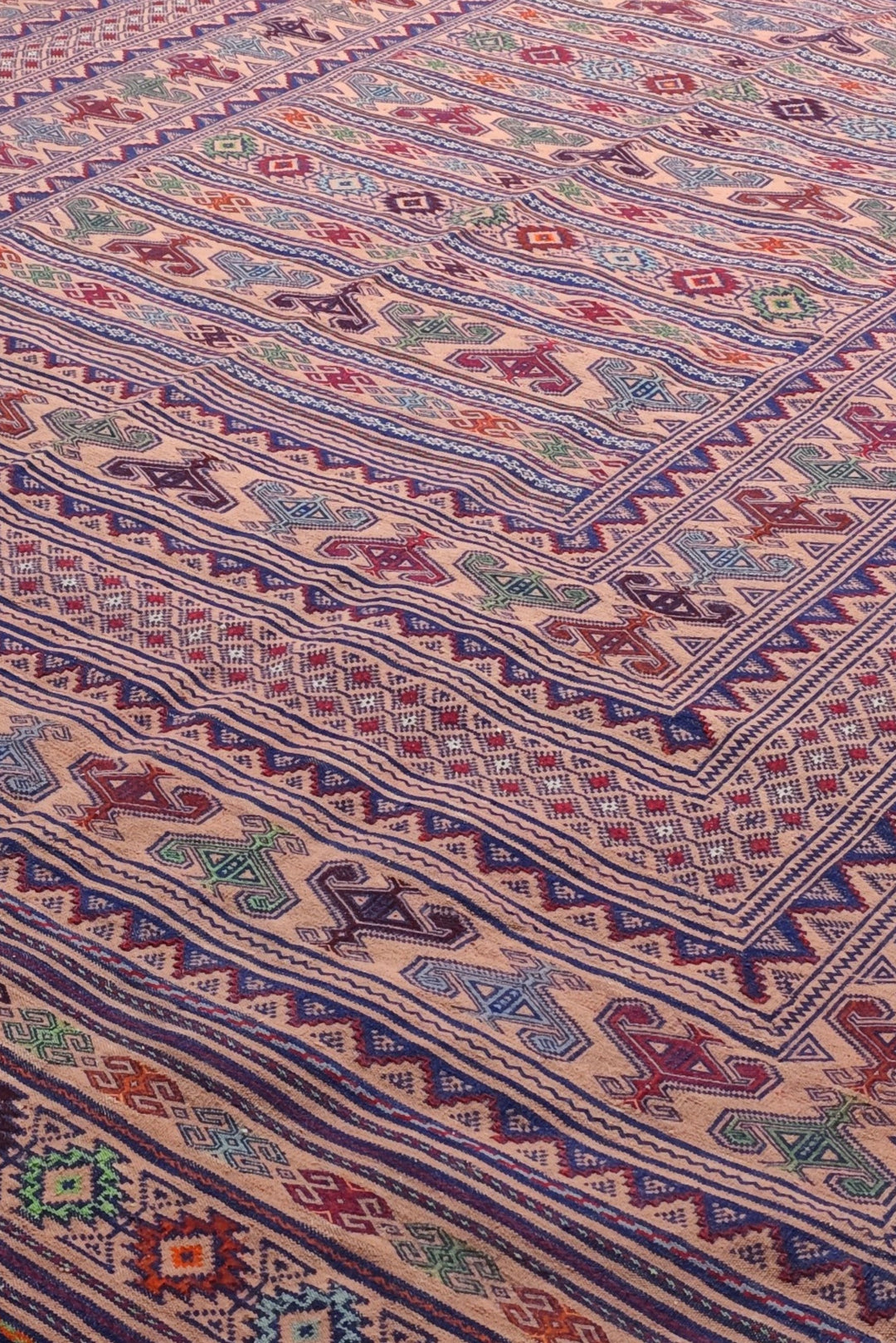 Blush Apricot and Navy Banded Kilim, Hand-Woven Wool