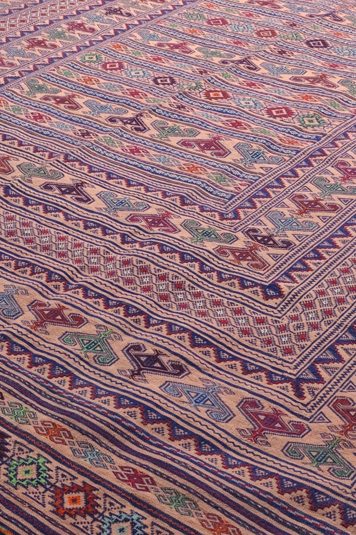 Blush Apricot and Navy Banded Kilim, Hand-Woven Wool