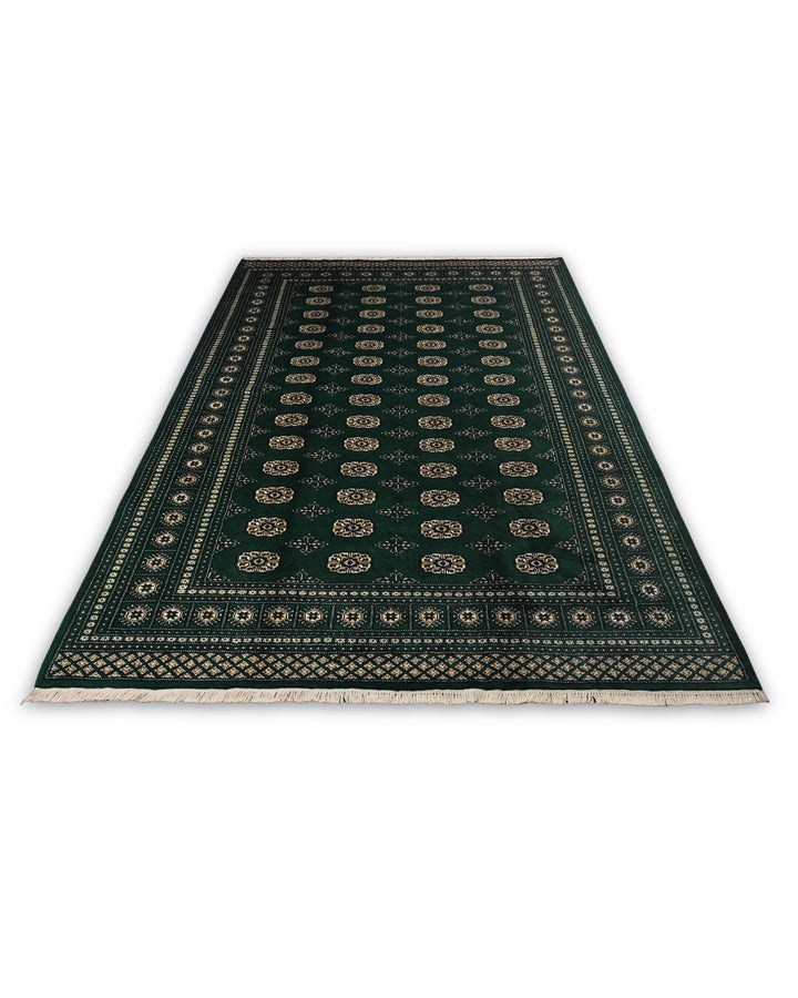 Forest Green Turkmen Gül Bokhara Rug, Hand-Knotted Pakistani Wool