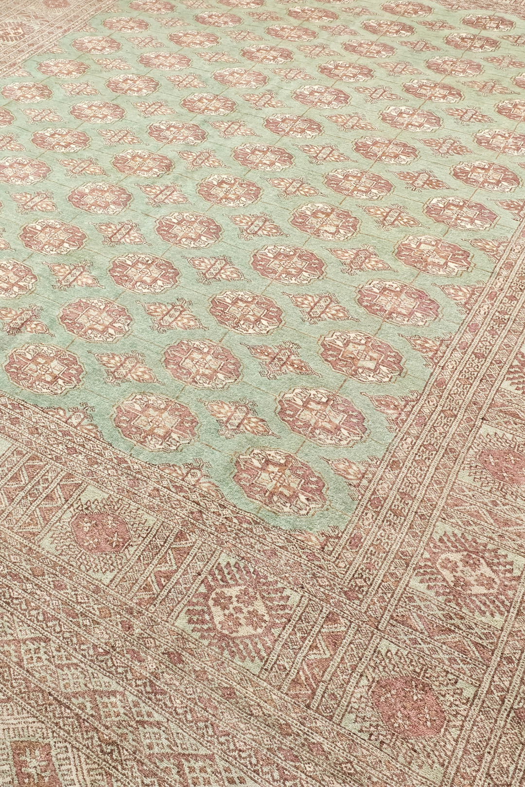 Sage and Rose Turkmen Gül Bokhara, Hand-Knotted Wool Rug