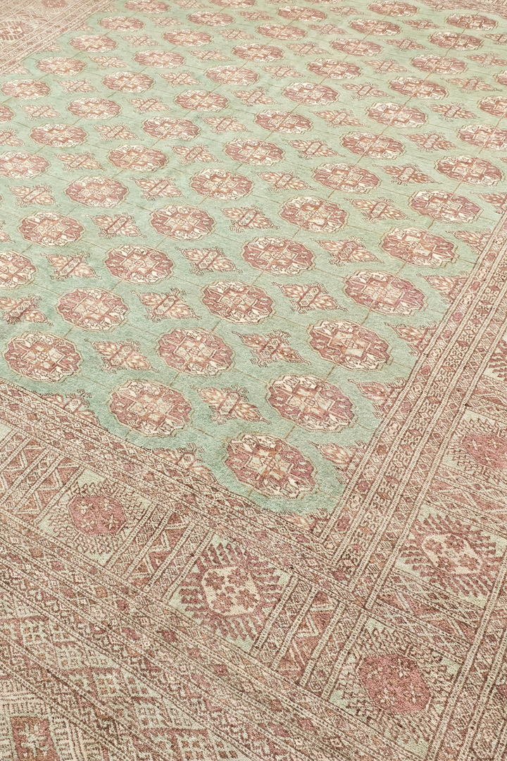 Sage and Rose Turkmen Gül Bokhara, Hand-Knotted Wool Rug