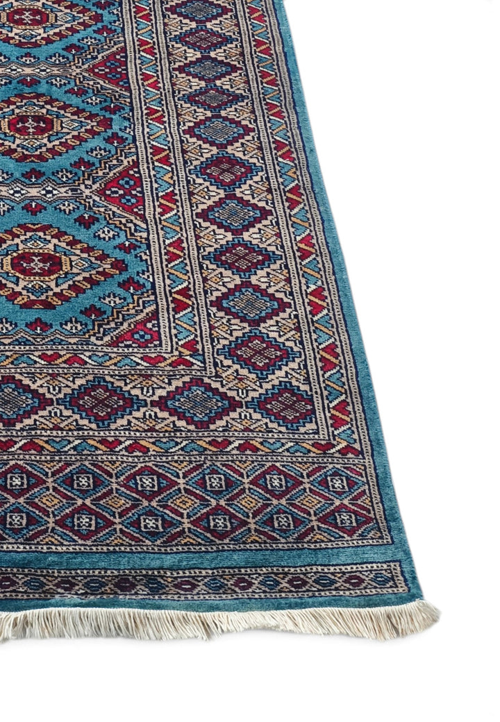 Turquoise and Wine Red Chained Diamond Medallion, Hand-Knotted Wool Rug