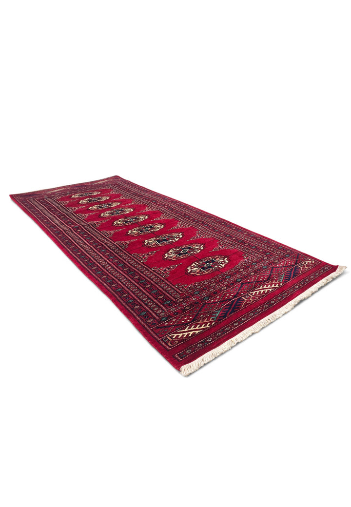 Wine Red and Cream Threaded Gül Bokhara, Hand-Knotted Wool Rug