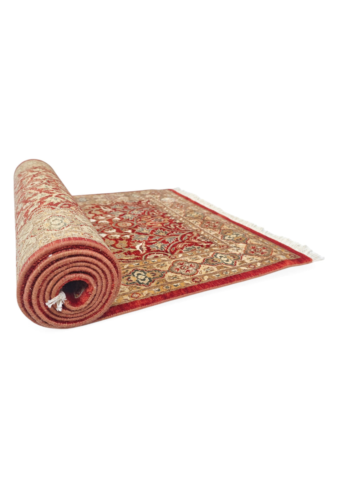 Deep Red and Cream Arabesque Lattice, Hand-Knotted Wool and Silk Rug