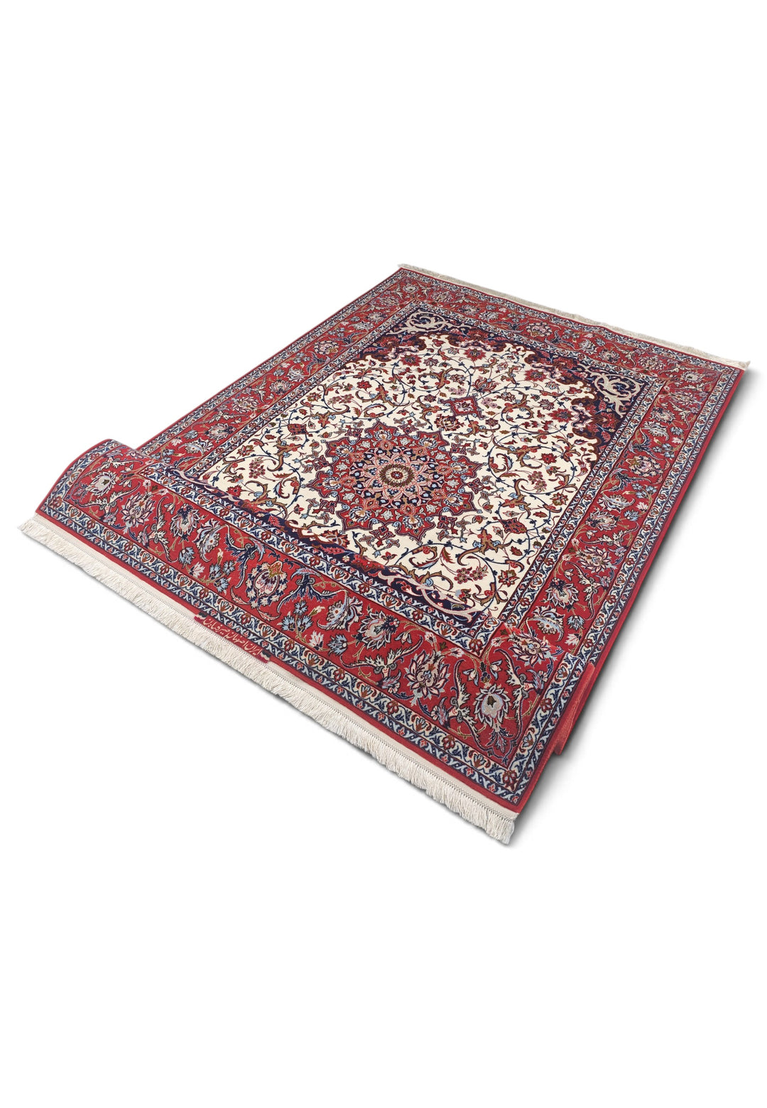 Ivory and Red Star Medallion Sirafian Isfahan, Hand-Knotted Wool Rug