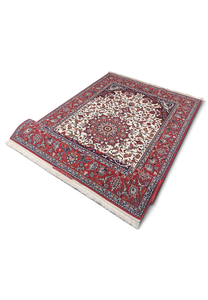 Ivory and Red Star Medallion Sirafian Isfahan, Hand-Knotted Wool Rug