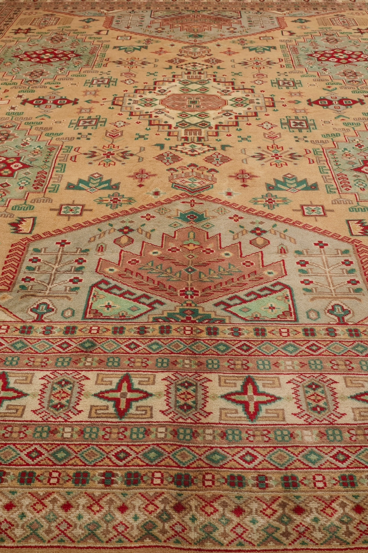 Camel and Coral Caucasian Medallion, Hand-Knotted Wool Rug