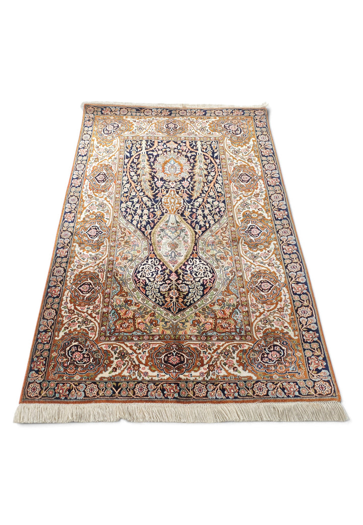 Black and Beige Mihrab Prayer Design, Hand-Knotted Silk Rug