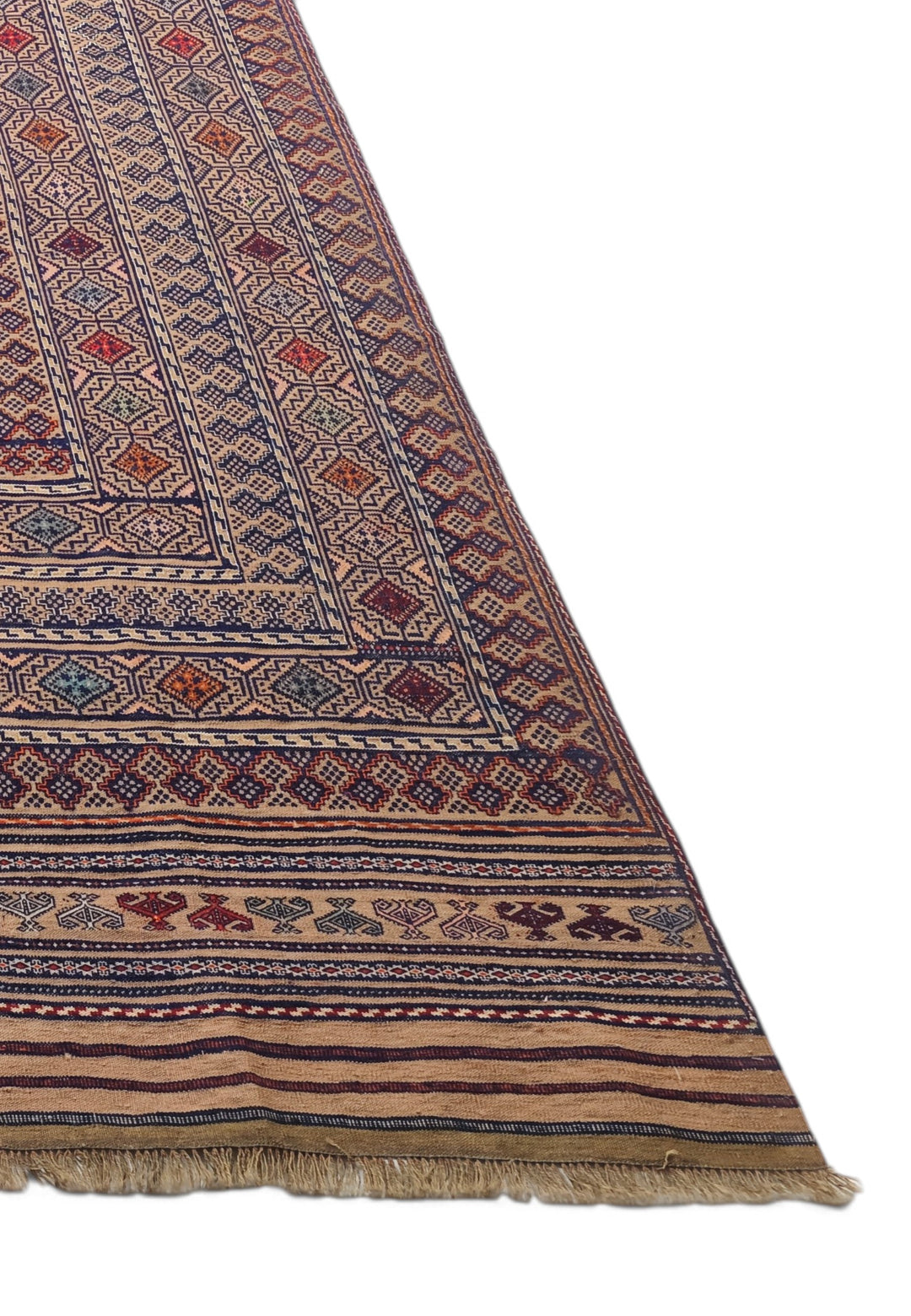 Camel and Indigo Banded Kilim, Hand-Woven Wool