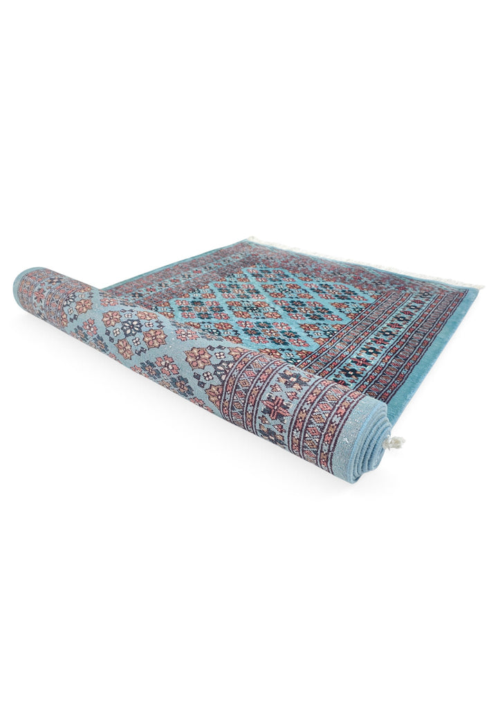 Turquoise and Rose Polychrome Lattice Jaldar, Hand-Knotted Wool Rug