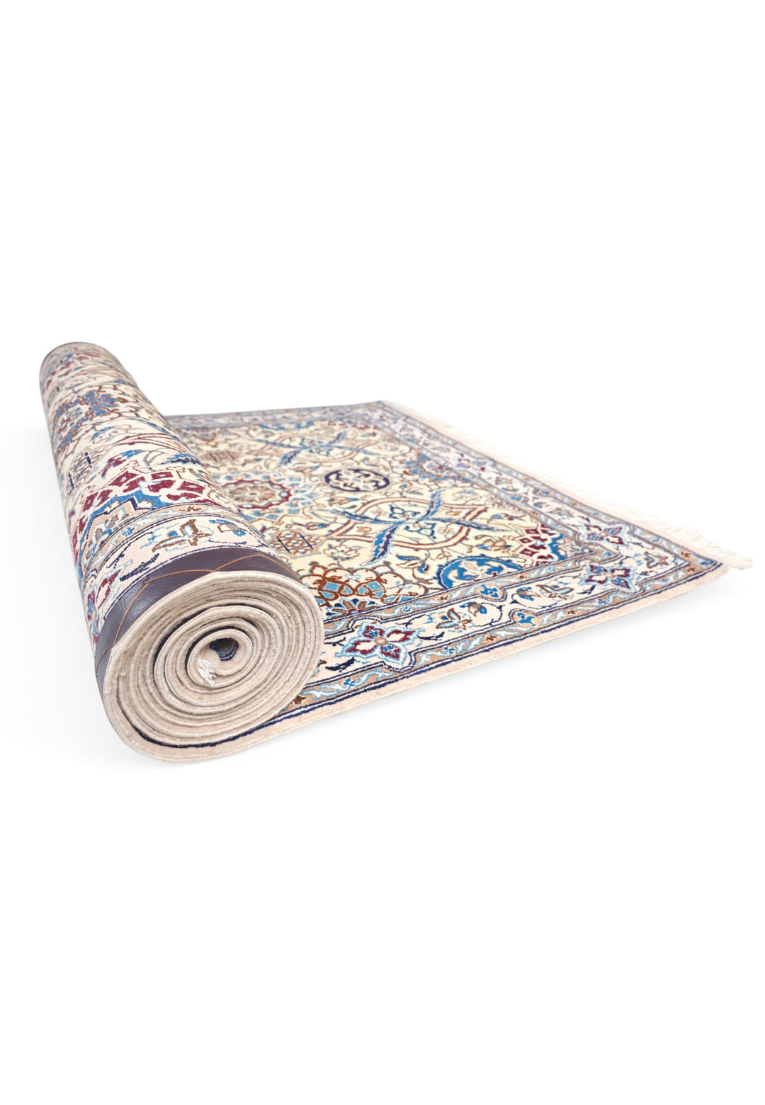 Ivory and Blue Lattice Medallion Nain, Hand-Knotted Wool Rug