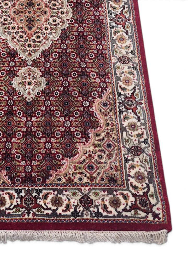 Deep Red and Ivory Mahi Medallion Tabriz, Hand-Knotted Wool Rug