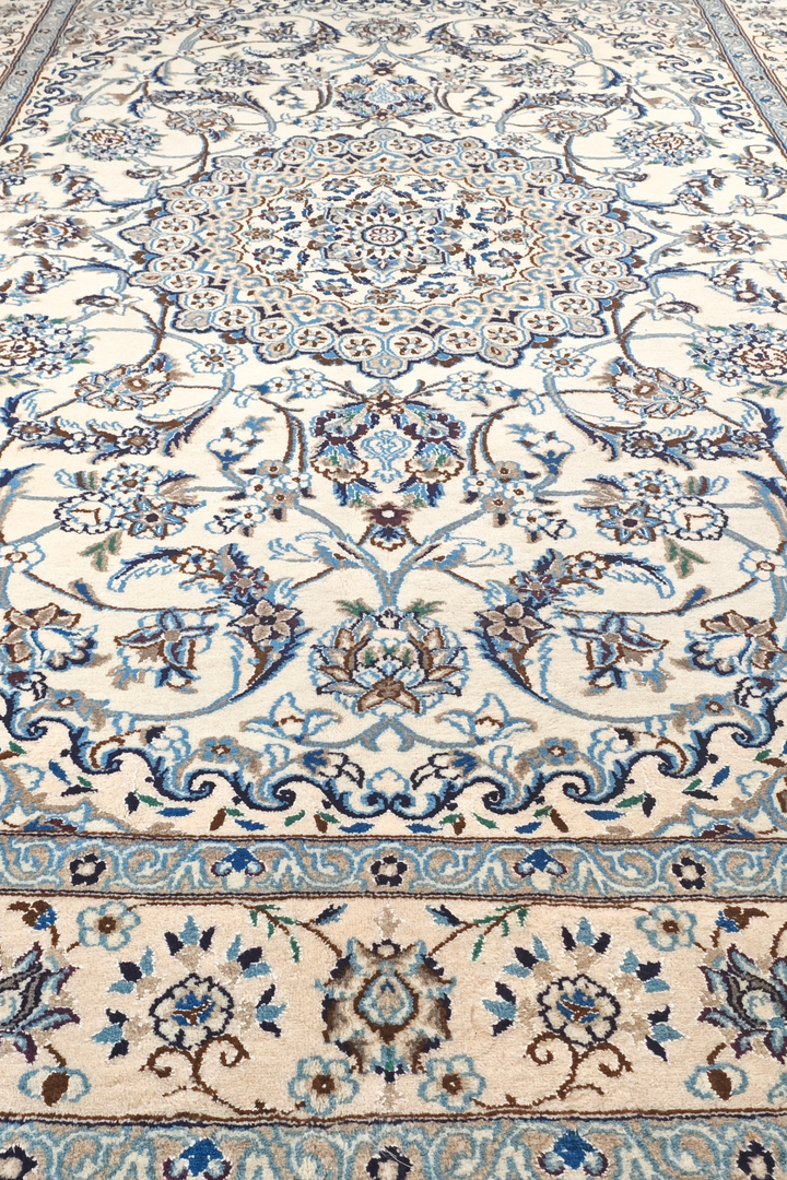 Ivory &amp; Blue Medallion Persian Nain, Hand-Knotted Wool Rug