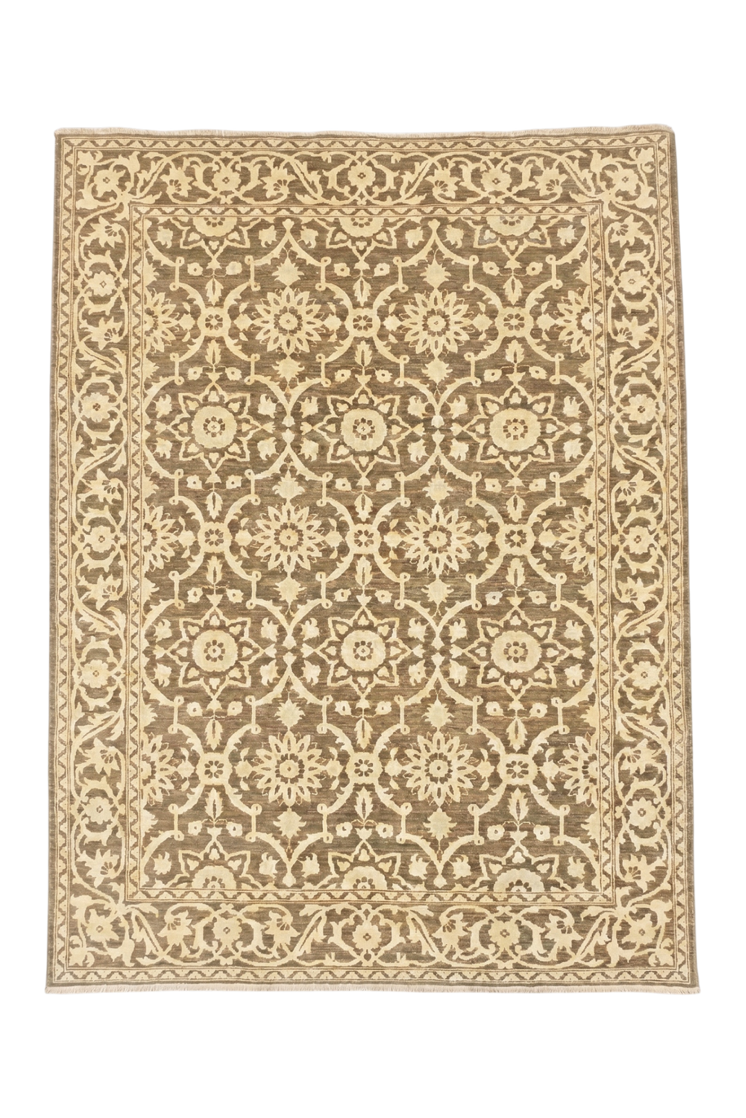 Beige and brown patterned rug on a white background