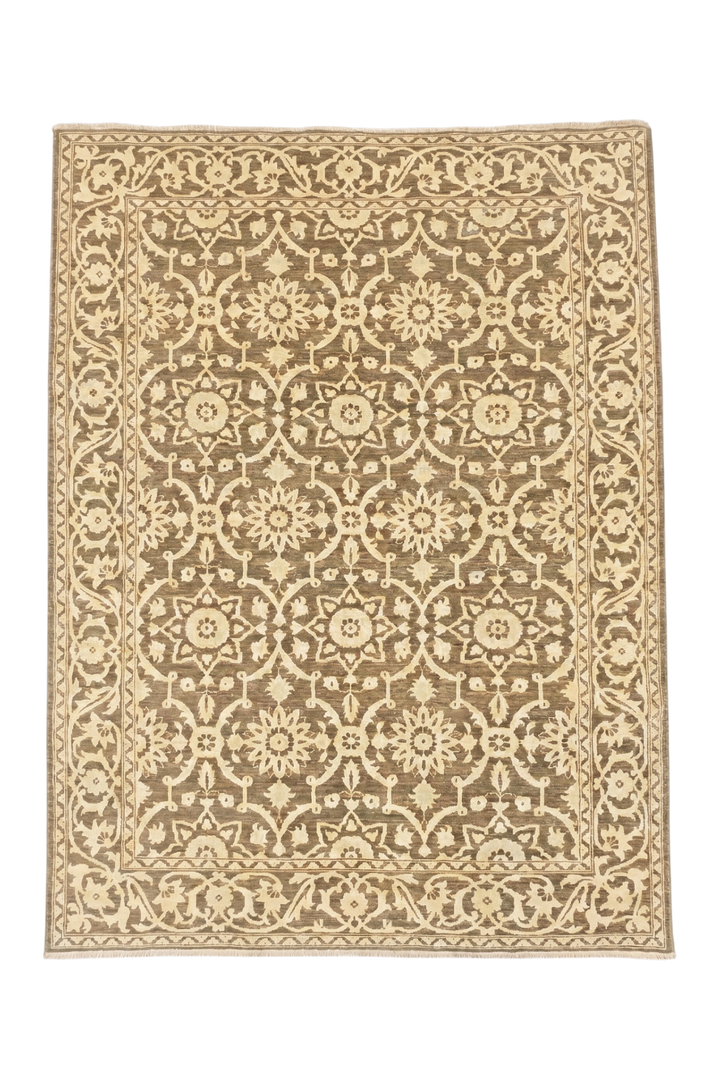 Beige and brown patterned rug on a white background