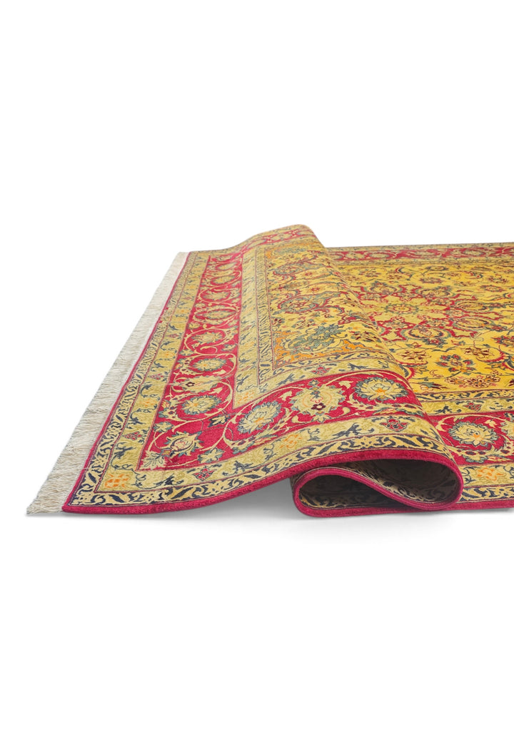 Gold and Crimson Star Medallion Isfahan, Hand-Knotted Wool Rug