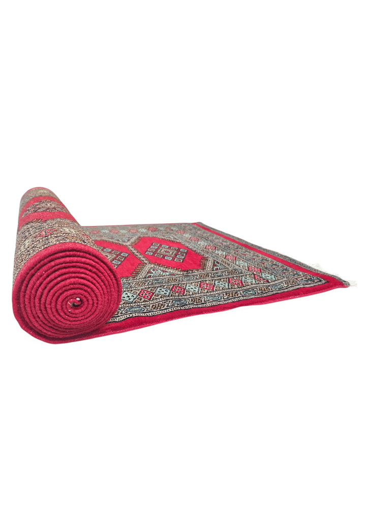 Crimson and Taupe Compartment Medallion, Hand-Knotted Wool Rug