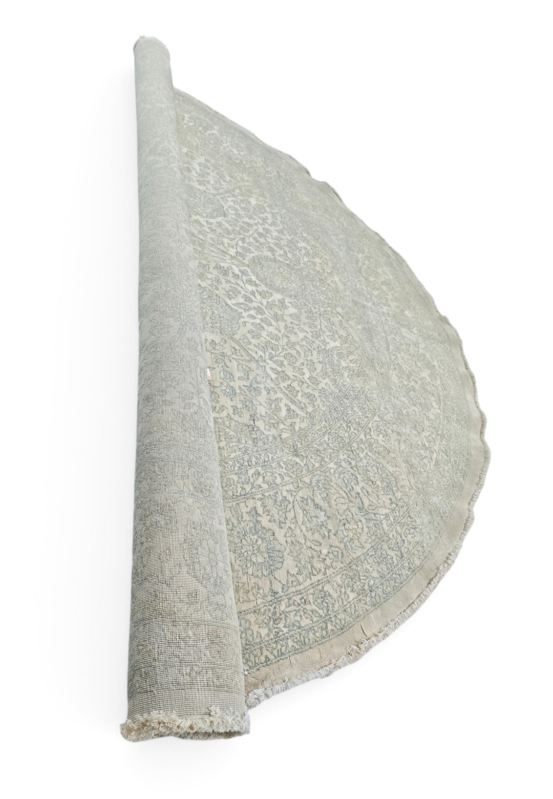 Sage and Cream Concentric Floral Round, Hand-Knotted Wool and Silk Rug