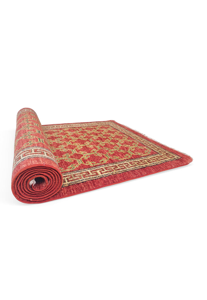 Brick Red and Camel Meander Lattice, Hand-Knotted Wool Rug