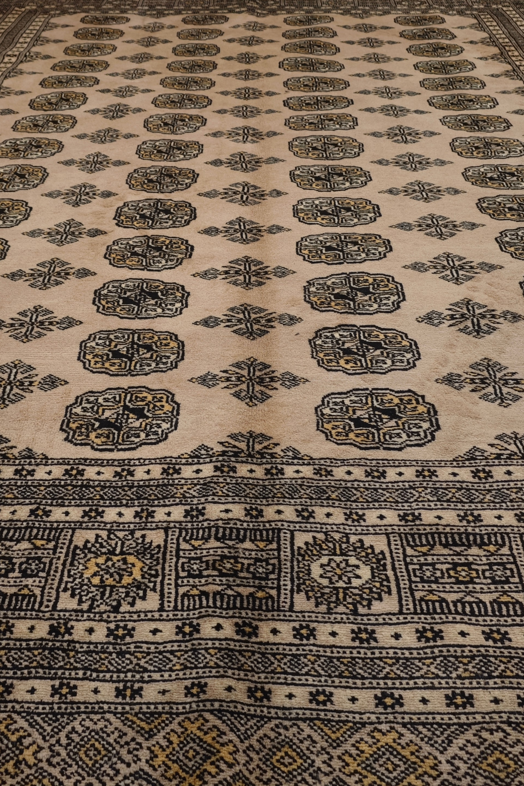 Sand and Espresso Gül and Tree Bokhara, Hand-Knotted Wool Rug