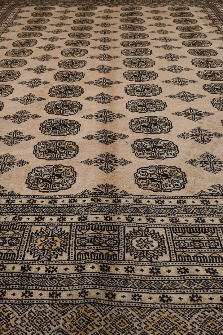 Sand and Espresso Gül and Tree Bokhara, Hand-Knotted Wool Rug