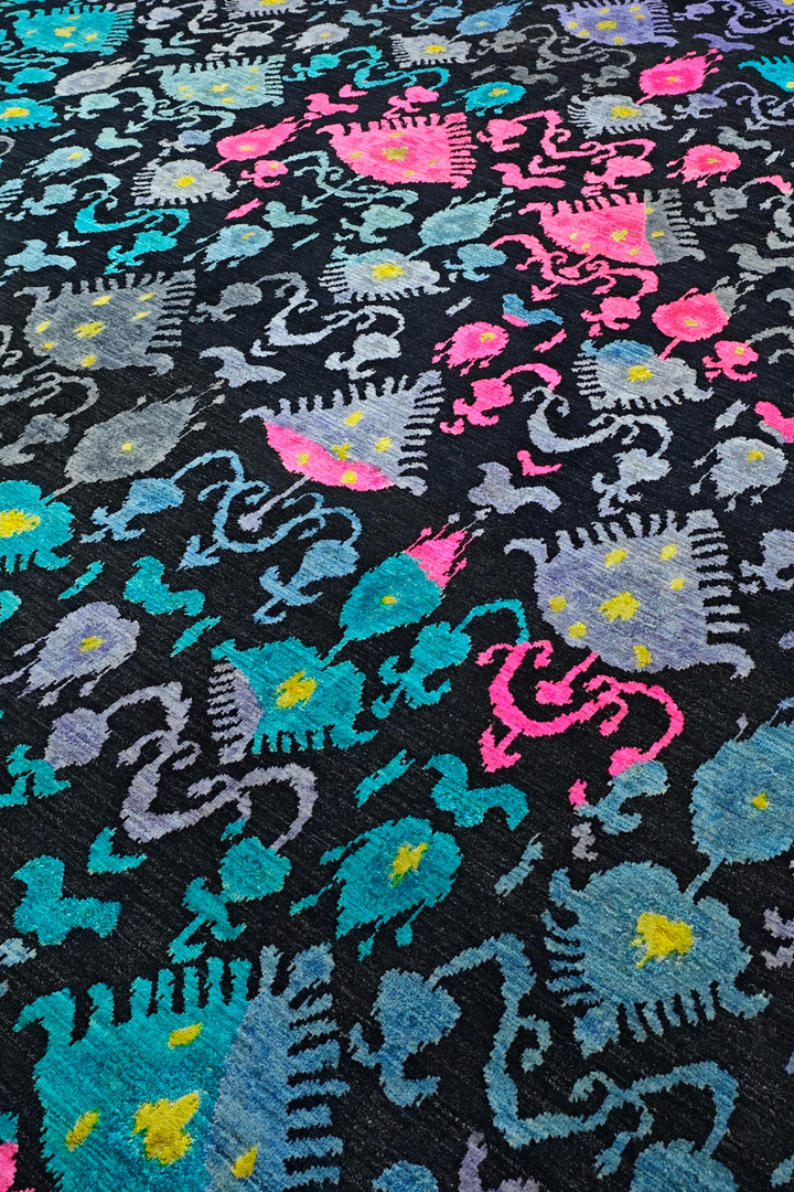 Indigo and Magenta Ikat Ghazni, Hand-Knotted Wool Rug